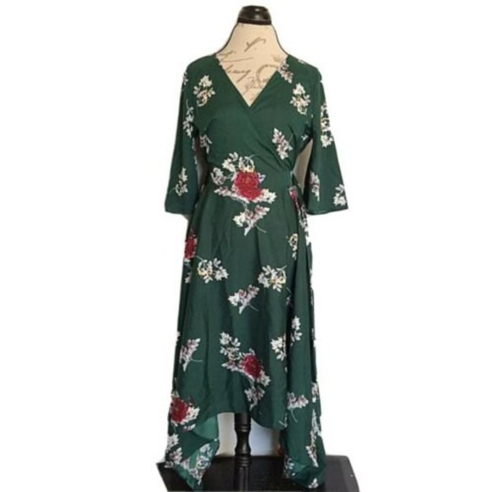 Influence Dress Floral Size10 Green High Low  Flowy Womens V Neckline Asymmetric